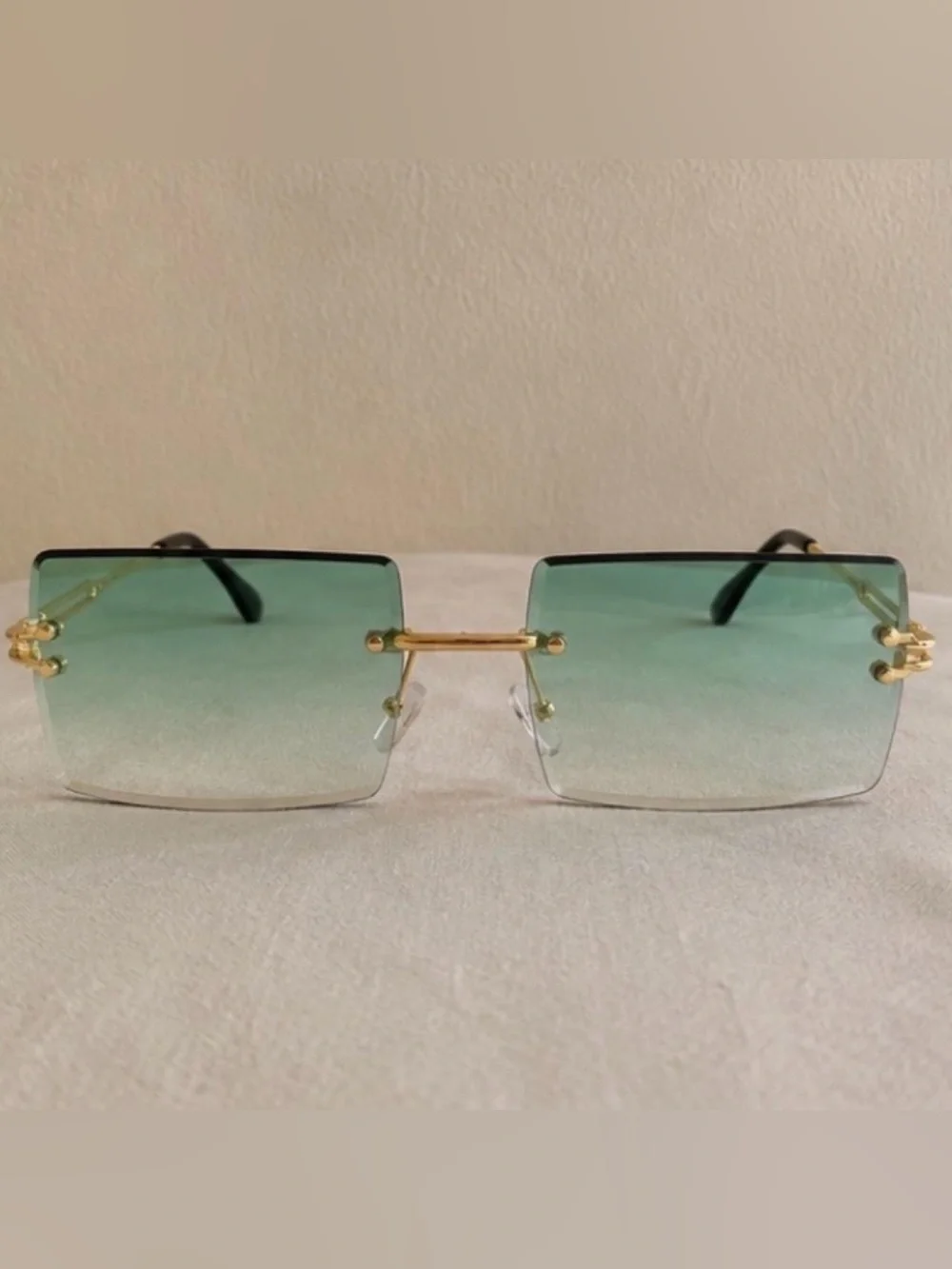 Men Green Gradient Rimless Rectangle Gold Frame Sunglasses UV400